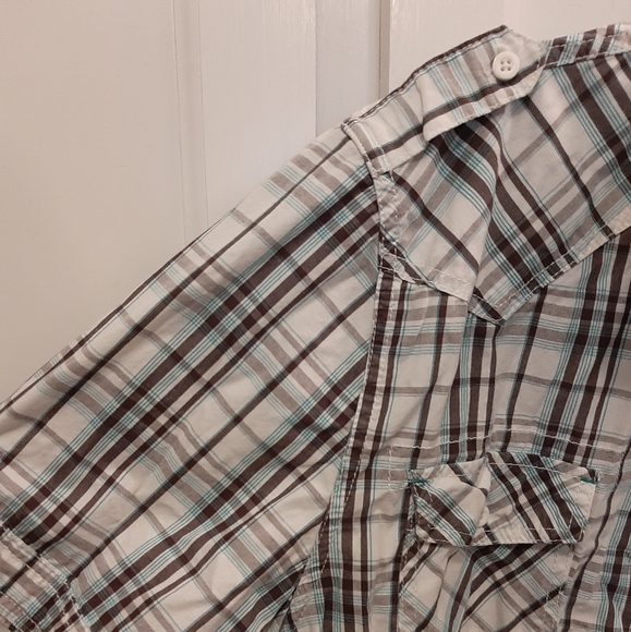 I Jeans by Buffalo men's casual button down shirt XXL white with brown and teal - Picture 4 of 5